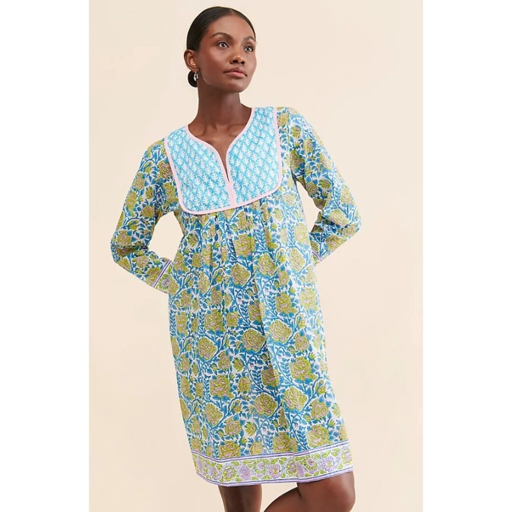 SZ Blockprints Jaipur Printed Tunic Dress Green Blue Floral Bib Boho India Sz XS